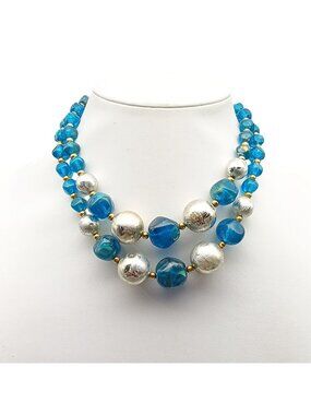 Blue & Silver Double-Strand Beaded Choker Necklace With Gold Accents Vintage Sta